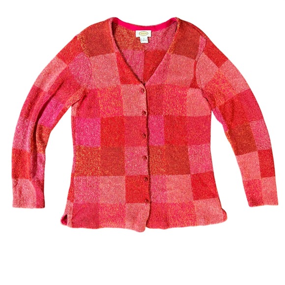Talbots Sweaters - Vintage Talbots Women Pink Red Checkered V-Neck Button Cardigan Sweater Meadium